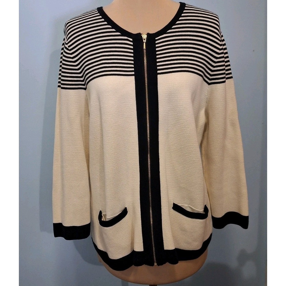 Talbots Womens Cardigan Sz LP Old Money Cream and Black Zip Front  3/4 Sleeve